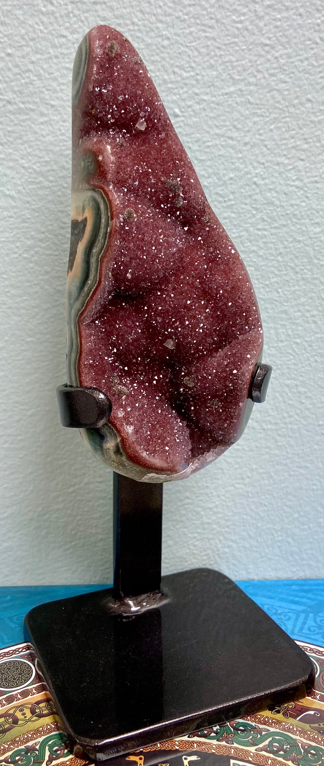 Red Amethyst Druzy w/ Calcite Growths on Metal Stand