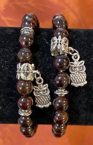 Garnet Bead Bracelet with Owl Charm