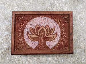 Etched Wooden Box Namaste with Rose Quartz Inlay