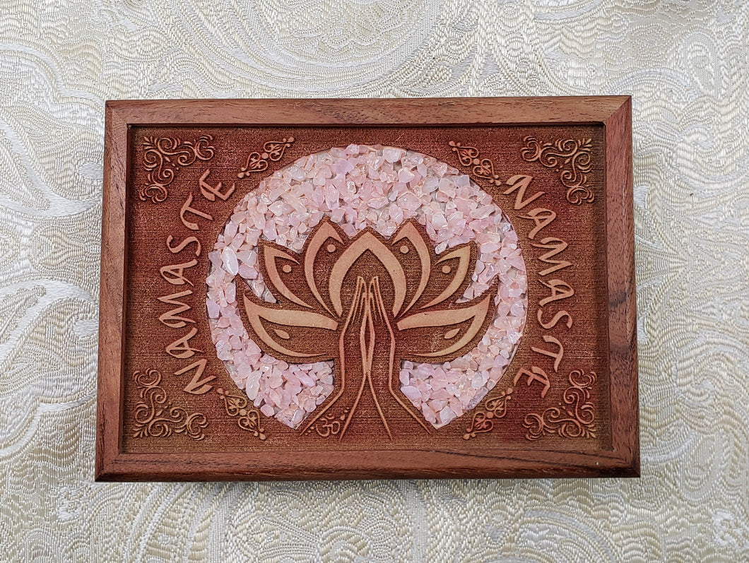 Etched Wooden Box Namaste with Rose Quartz Inlay