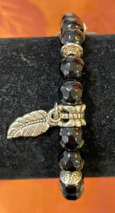 Black Agate Faceted Bead Bracelet w/ Charm